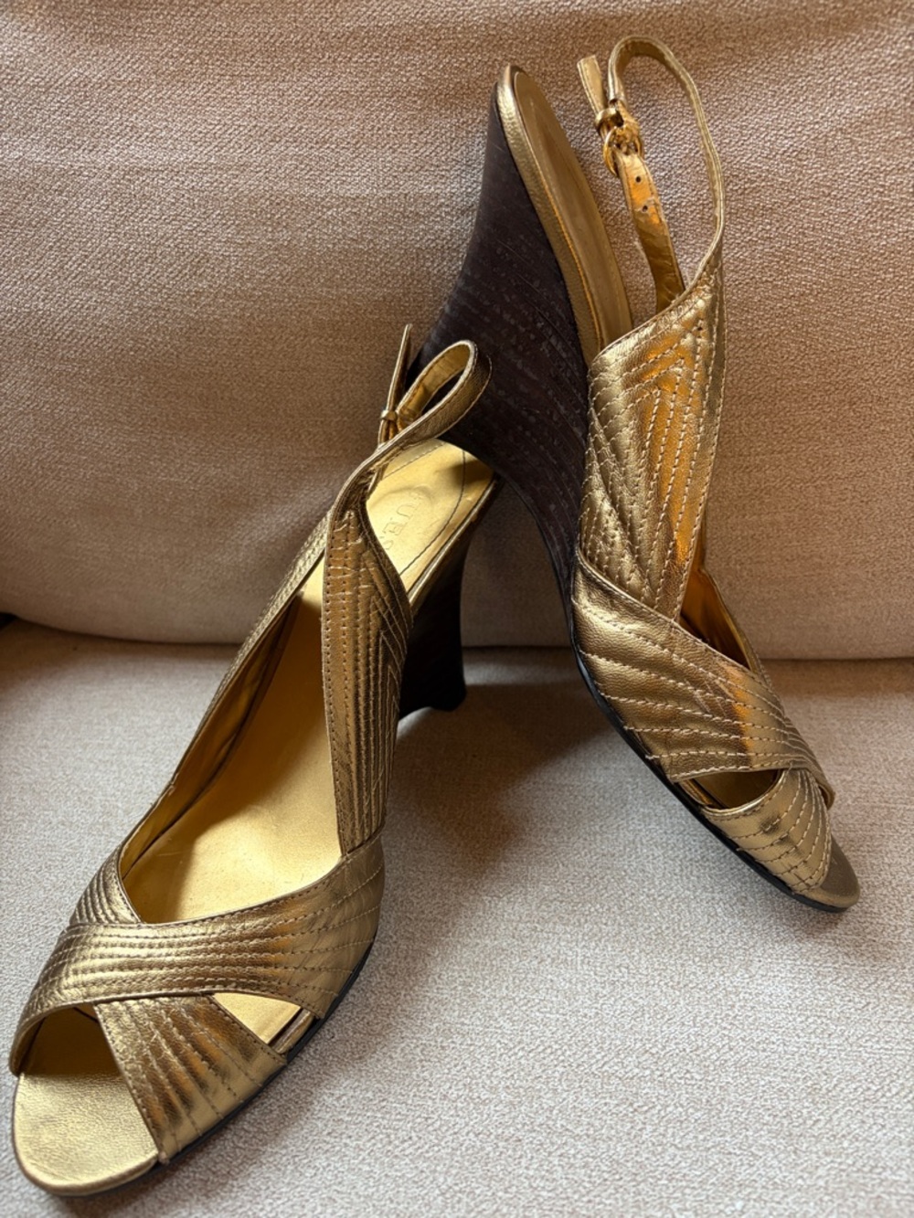 Guess Metallic Gold Quilted Slingback Wedge Heels
